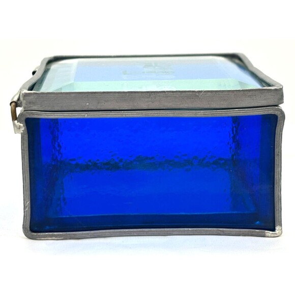 Stained Glass Trinket Box Cobalt Blue Mirrored Bottom Etched Stage Coach Hinged‎ - Picture 5 of 16